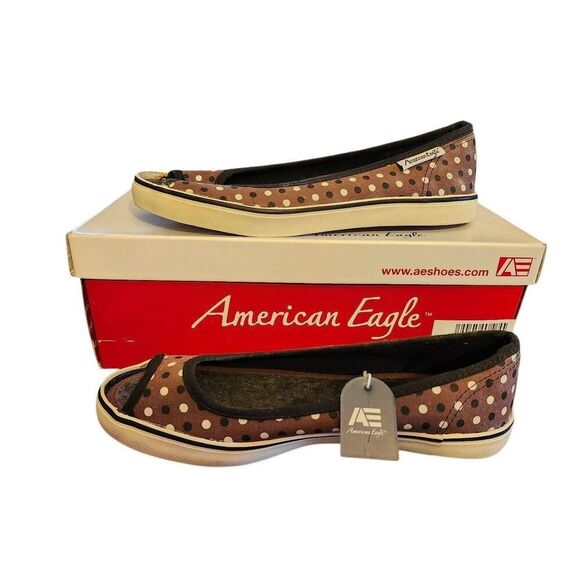 American Eagle NWT Black & White Polk A Dot Flates. Brown Candy Peep Size 7 - Picture 2 of 6